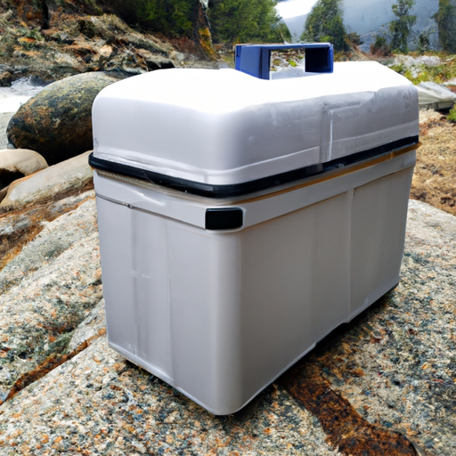 A sturdy and insulated camping cooler keeping food and drinks fresh in the wilderness.