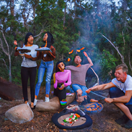A group of friends gathered around a campfire, cooking delicious meals and enjoying the outdoor ambiance.