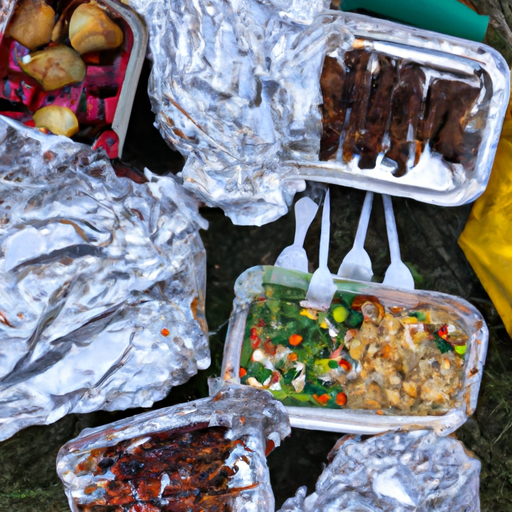 A colorful spread of camping meals, including grilled meats, foil packet meals, and s'mores.
