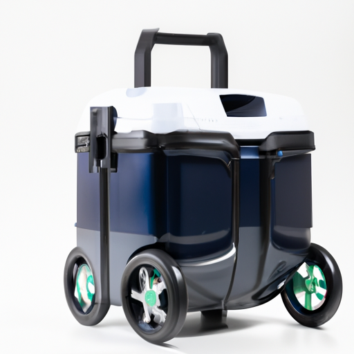A portable cooler with comfortable handles and wheels for easy transportation during camping trips.